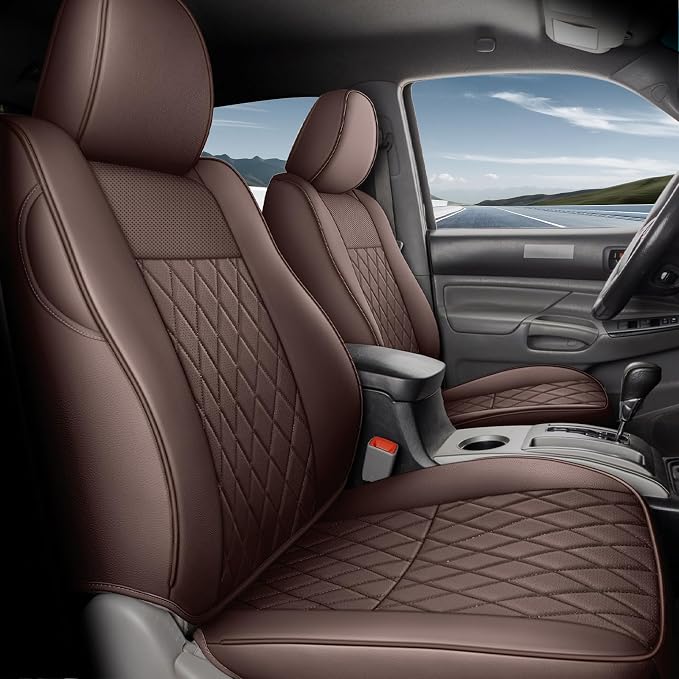 Coverado Tacoma Seat Covers, Leather Car Seat Covers Full Set Custom Fit 2005-2023 Toyota Tacoma Double/Crew Cab, Seat Covers for Cars Car Seat Protector(Brown) by COVERADOAUTO