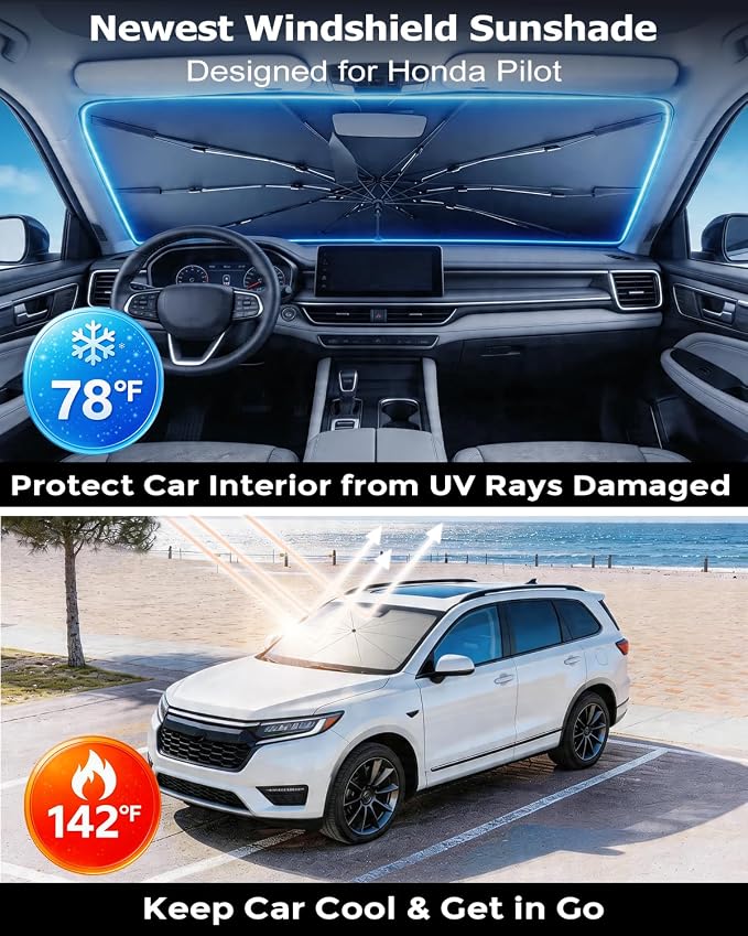 DMJN Umbrella Windshield Sun Shade for Honda Pilot (2005-2026), Car Sunshade for Front Windshield [Nano Ice-Crystal Coatings] UPF50+ Heat & UV Block, Protect Interior & Keep Cooler - Image 2