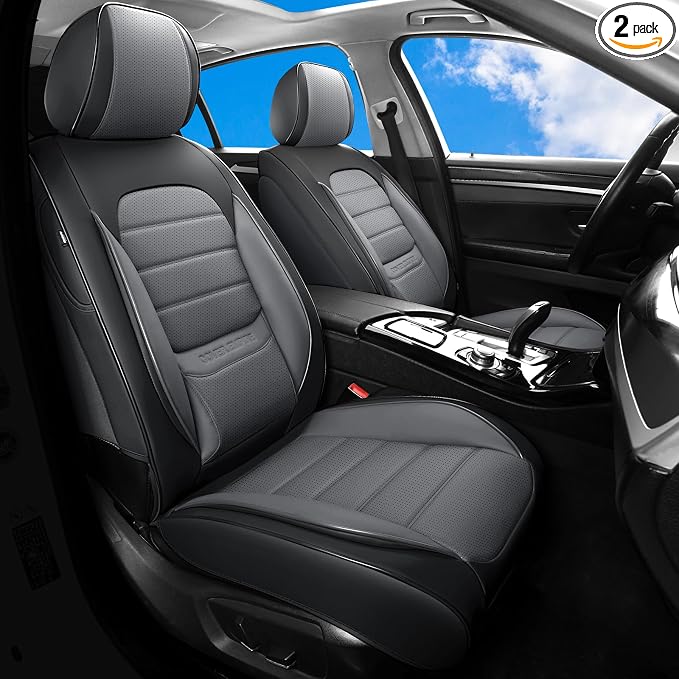 Car Seat Covers Front Seats, 2Pcs Universal Faux Leather Front Seat Covers for Cars, Waterproof Automotive Seat Covers Breathable Seat Cover for Most Sedans, Trucks, SUV (Black Gray) by COVEREMPIRE