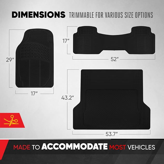 BDK Proliner All Weather Rubber Auto Floor Mats and Trunk Cargo Liner - Trim to FIt Front & Rear Heavy Duty Set Fit for Car SUV Van and Truck, 4 Piece, Black - Image 5