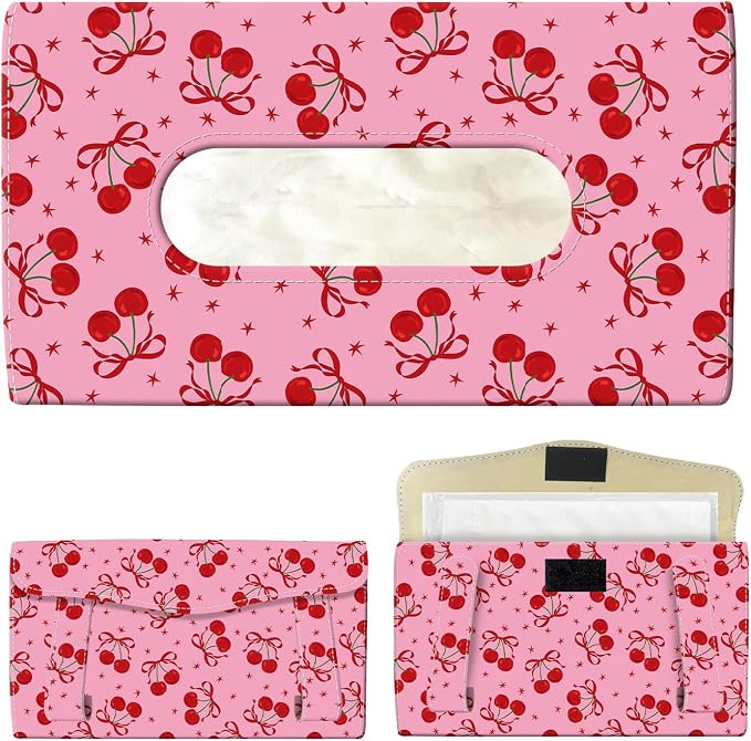 Car Tissue Holder, Cute Sun Visor Napkin Holder Backseat Tissue Case, PU Leather Tissue Box, Funny Car Accessories for Women Men Pink Red Cute Cherry Bowties by Unknown