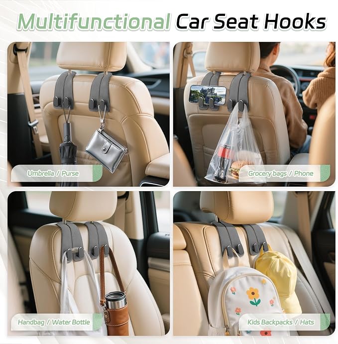 Car Seat Headrest Hooks, 4PCS Universal Car Purse Hook Leather Car Bag Hook | Gray Car Bag Purse Holder with Double Metal Hooks for Handbags, Grocery Bags, Bottles, Phones - Image 7