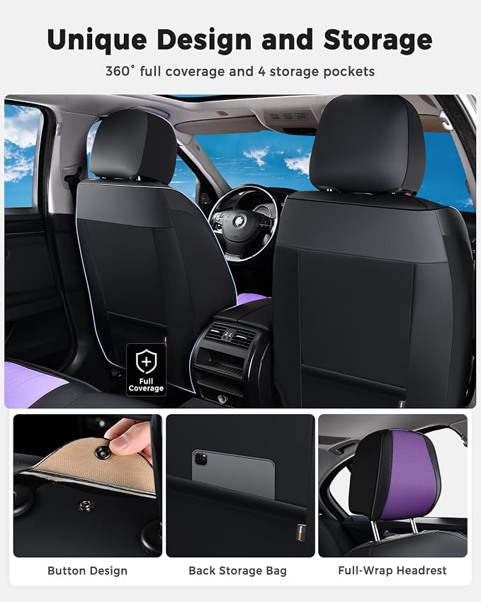 Huidasource Universal Car Seat Cover, Luxury Faux Leather Car Seat Cover Set Velcro Adjustable with Airbags, Thinning Design Perforation Cooling＆Heating Fit for Most Cars Vans Trucks SUVs Black&Purple - Image 5