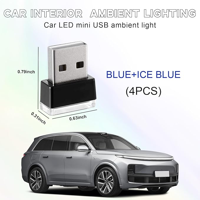 4 PCS USB LED Car Interior Atmosphere Lamp, Portable Mini LED Night Light, Plug-in USB Interface Trunk Ambient Lighting Kit, Universal Interior Car Accessories (2 Blue+2 Ice Blue) - Image 2