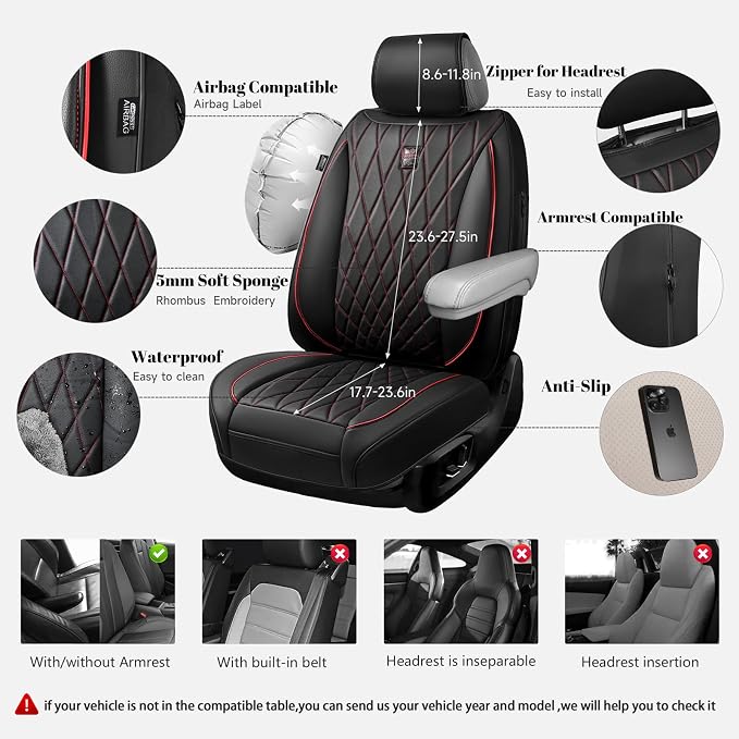 CAR PASS Luxury PU Leather Two Front Car Seat Covers, Waterproof Seat Covers Compatible with Front Seat Armrests, Airbag Compatible Anti- Slip Universal Fit for Cars Suvs Vans Trucks Black Red - Image 4
