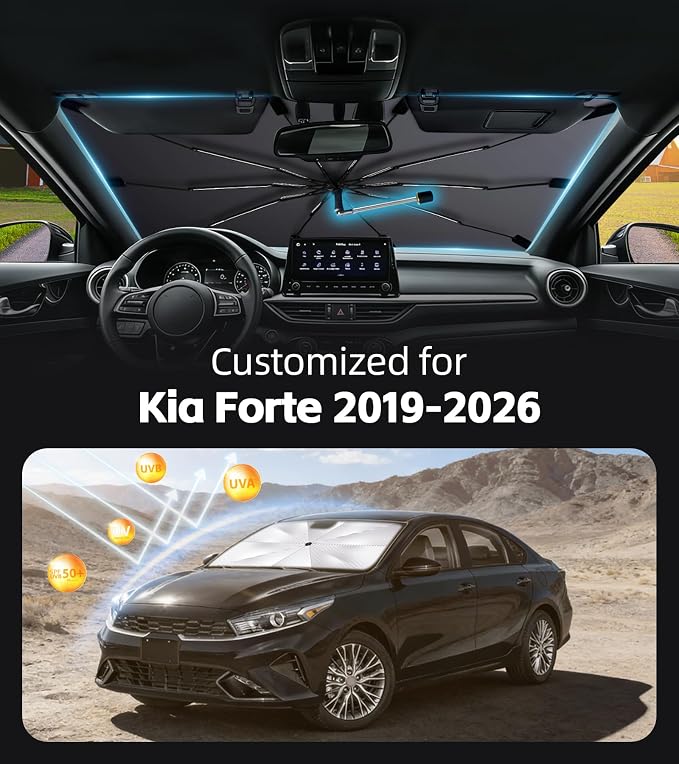 Windshield Sun Shade for Kia Forte 2019-2026 with 360° Rotating Shaft | Custom Fit Umbrella Sunshade for UV Blocking, Interior Heat Protection, Easy Storage, UPF 50+ Cool Windshield Cover - Image 2