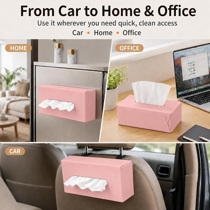 Car Tissue Holder with Magnetic & Strap Mount, Pink, 1 Pack | PU Faux Leather, For Sun Visor, Seat Back, Console, Refrigerator, Fits Standard Tissue Packs - Image 4
