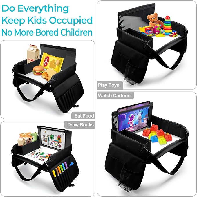 Kids Travel Tray for Car Seat, Carseat Table Tray for Kids Road Trip Activities, Car Trays for Kid Roadtrip Essentials, Toddler Lap Desk Organizer for Airplane - Black - Image 6