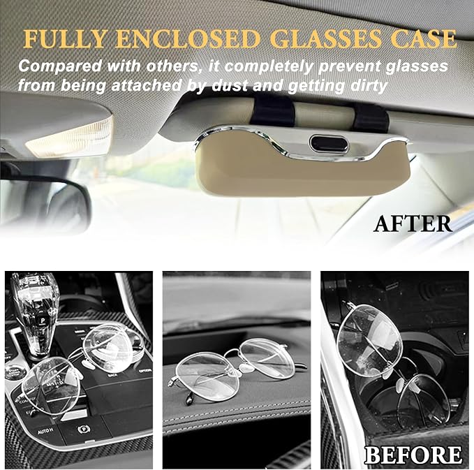 Sunglass Holder for Car Visor, Car Sunglass Holder Case (Beige) | Push-button visor sunglass holder，Full Wrap Dustproof Sunglass Case with Anti-Scratch Lining, Suitable for Trucks, Sedans - Image 4