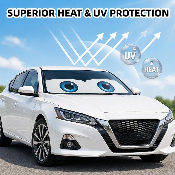 Car Windshield Sun Shade Umbrella, Universal Fit Mid-Large Sedan SUV | 57 x 31" Car Sun Visor, Foldable UV Heat Blocking Front Window Sunshade with Rearview Mirror Cutout, Cute Eyes Series - Image 3