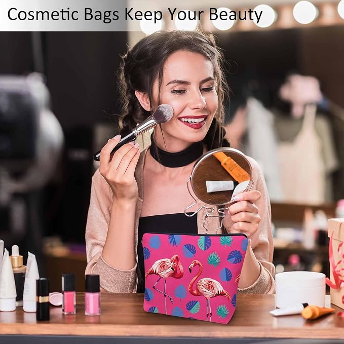 Flamingo Makeup Bag For Women, Adorable Cosmetic Pouch With Tropical Leaves Palms Pattern, Pink Zipper Travel Toiletry Organizer For Gym and Bathroom - Image 2