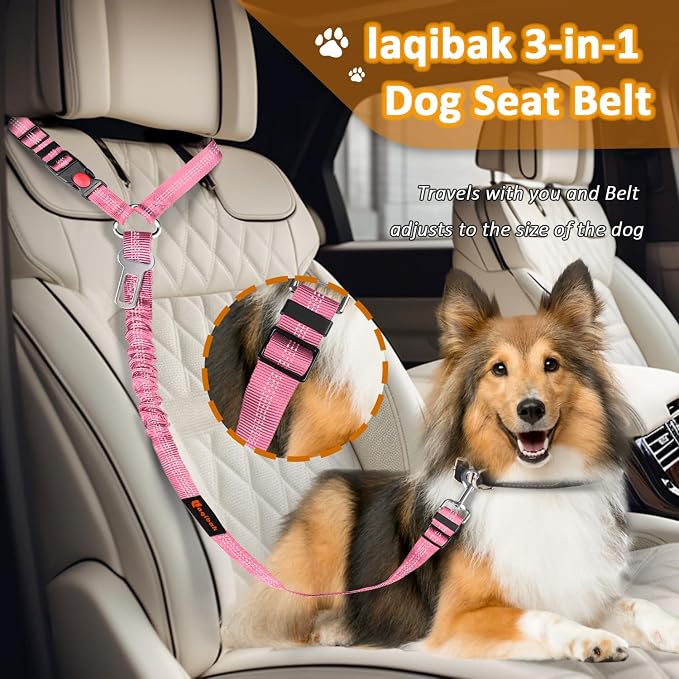 Laqibak Removable Dog Seat Belt Harness for Car, 3 in 1 Pet Seatbelt Leash | Retractable Headrest-Mounted,Restraint & Adjustable Reflective Bungee Dog Seatbelt Tether,Pink and Black - Image 2