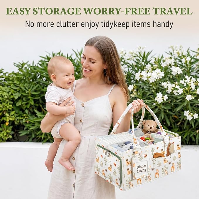 ABOOFAN Baby Diaper Caddy Organizer with Removable Dividers and Handle | Deer Print Felt Nursery Storage Bin, Holds Diapers, Wipes and Newborn Essentials, Portable for Changing Table, Car & Bedside - Image 6