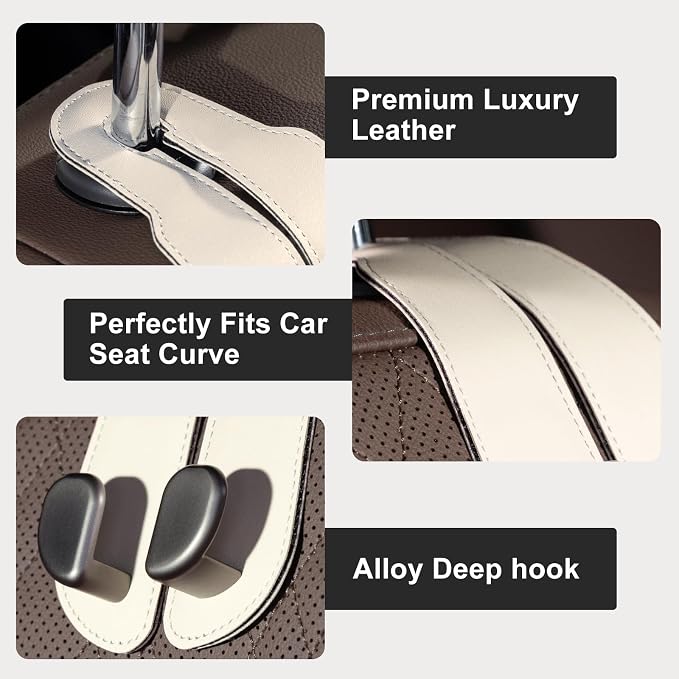 CoBak Purse Hook for Car - Universal Premium Stitched Leather and Aluminum-Magnesium Alloy Double Car Seat Back Storage Hook for Purses, Handbags, Bags (2 Pack),Beige - Image 3