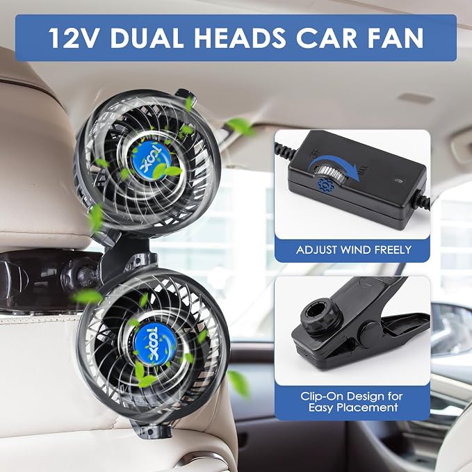 XOOL Clip Car Fan, Adjustable Dual Head 4 Inches 12V Fan for Front/Rear Seat Passenger, 360° Rotatable Electric Car Cooling Fans with Stepless Speed Regulation for SUV, RV, Vehicles - Image 5