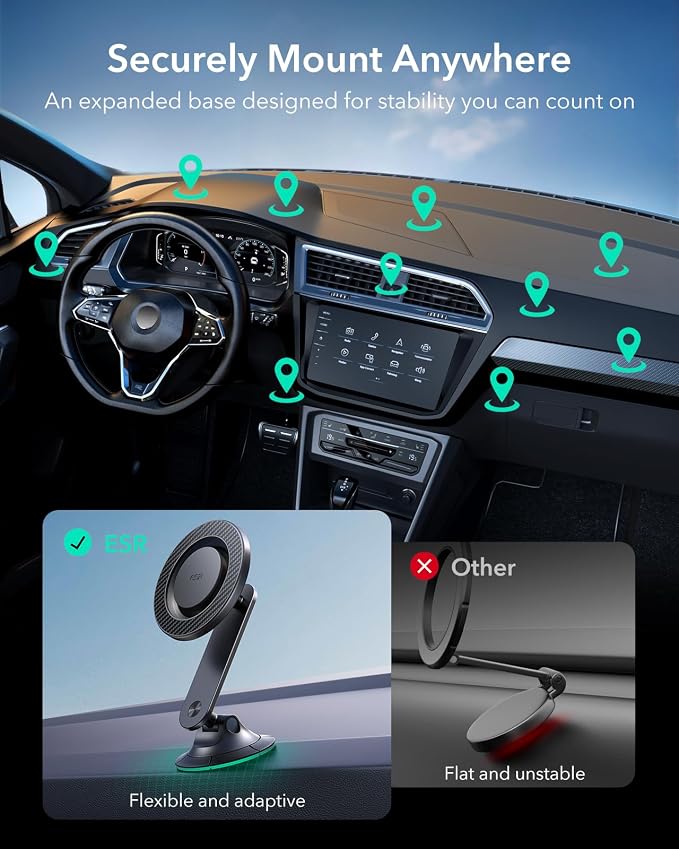 ESR for MagSafe Car Mount, 360° Rotation, for iPhone 17-12,Samsung/Google | Dashboard Magnetic Phone Holder for Car, Car Phone Holder Mount, Strong Magnets(with 2 Metal Rings), Not Charging Supported - Image 2
