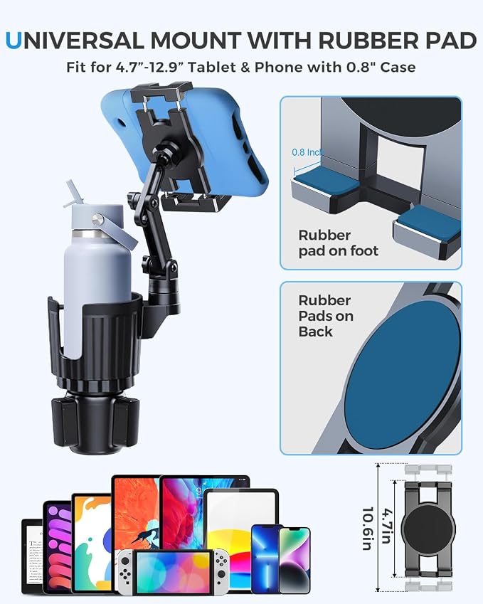 Porfortop 2-in-1 Cup Holder Tablet Mount Expander, 2-Section Foldable 15" Height Adjustable Arm & 360° Rotation, Universal Fit for iPad, iPhone, All Smartphones and Most Bottles for Car SUV Truck - Image 7
