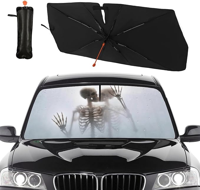 Skull Skeleton Car Windshield Sun Shade Umbrella Bendable Handle Foldable Funny Skull Sunshade for Car Windshield Block UV Rays Keep Vehicle Cool for Most Sedans SUV Trucks Cars 57"x30" - Image 2
