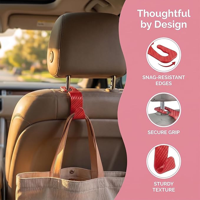 4 Pack Headrest Hooks for Vehicle Seats, Carbon Fiber/Red | rear-row hanging storage, supports bags coats and groceries, fits matching headrest posts, interior accessory - Image 3