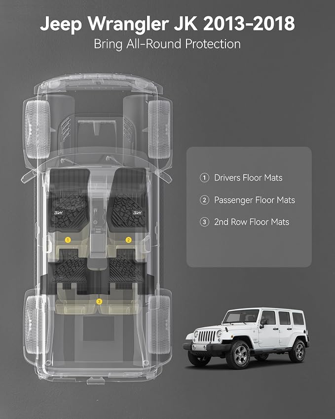 3W Floor Mats for Jeep Wrangler JK 2014-2018 Unlimited 4 Door (Non JL/4XE) | TPE All Weather Custom Fit Floor Liner for Jeep Wrangler JK 1st and 2nd Row Full Set Car Mats, Black - Image 2