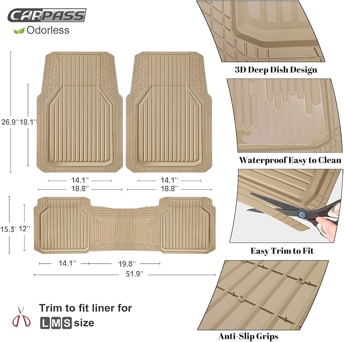 CAR PASS Heavy Duty Rubber Floor Mats for Car, Waterproof Liner Deep Dish Car Mats Full Sets, Universal Trim to Fit for SUV Truck Sedans Vans, All Weather Automotive Floor Mats 3pcs, Solid Beige - Image 3