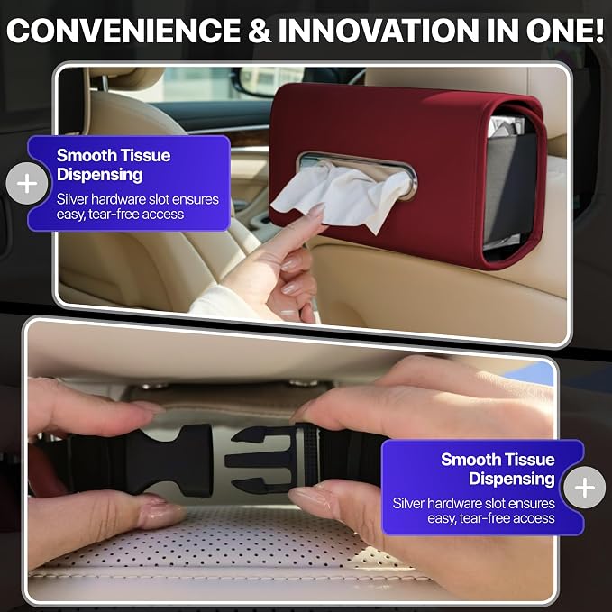 Lucrum Extra Large Car Tissue Holder - PU Leather Tissue Box Cover | Fits Regular Size Napkins Box - PU Leather Car Tissue Holder for Seat Back, Sun Visor & Console - Wine Red - Image 5