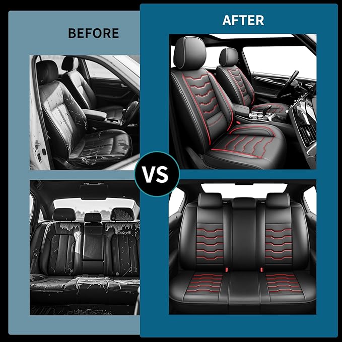 Fit Juke Car Seat Covers Premium Leather for Nissan Juke 2011-2016 2017. Waterproof， Breathable, Scratch-Resistant & All-Weather Seat Cushion Protector（2 Front Seats,Red Line Black - Image 5