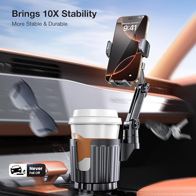 Coolpow Car Phone Holder Mount, 2 in 1 Universal Cup Car Phone Holder | Expander Adjustable Base Long Arm 360°Rotation Cup Phone Holder Car Accessories for iPhone 17 Pro Max 16 15 & All Smartphone - Image 2
