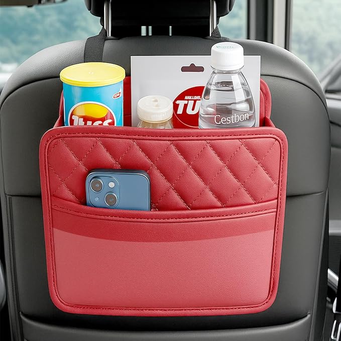 Mandark PU Leather Car Seat Back Organizer, Red | Three-pocket layout with clear panel, elastic strap installation, fits most cars, SUVs, and trucks, car interior accessories - Image 6
