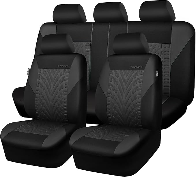 CAR PASS Car Seat Covers Full Sets, Front & Split Rear Bench for Car, 3D Tyre Embossed Automotive Interior Covers, Airbag Compatible, Quick Setup Universal Fit Seat Covers for Car, SUV(Charcoal) by CARPASS