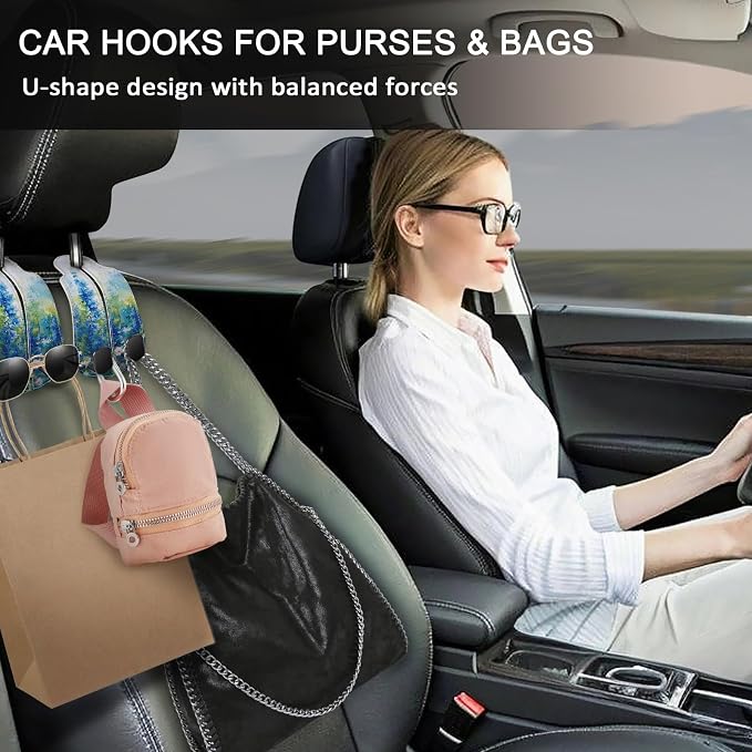 Blusabaca 2PCS Car Seat Headrest Hooks, Purses Bags Holder, Floral Blue | PU Leather, Double Metal Back Storage Hangers for Grocery Bags Handbags Bottles Coats Phones, Car Accessories Organization - Image 2