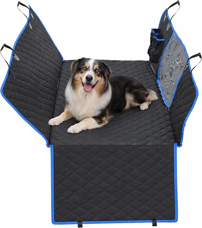 Dog Car Seat Cover for Back Seat, Waterproof, Scratchproof, Nonslip, Dog Hammock for Car, Safety Harness Included, Seat Covers for Pet Dogs, Standard Size (Black/Blue) by Platinum+Shield