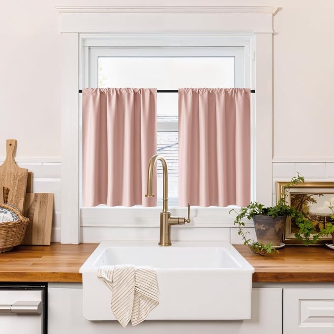 RYB HOME 100% Blackout Basement Curtains 24 inches Long, Heat & UV Blocking | Total Room Darkening, Noise Reducing, Curtains for Bathroom RV Campers, W34 x L24, Peach Pink, 2 Panels by RYBHOME