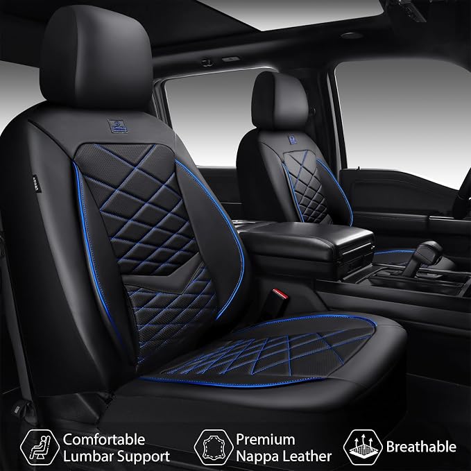 CAR PASS Luxury Nappa Leather Seat Covers Full Set, Water Resistant Faux Leather Seat Cover with Lumbar Support, Breathable Automotive Seat Covers Universal Fit for Sedan SUV Van Truck, Black Blue - Image 2