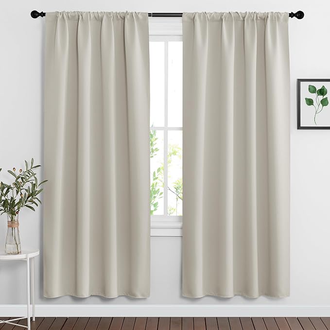 RYB HOME Curtains for Bedroom Living Room Nursery Office 63 inches Long | Thermal Insulated Room Darkening Privacy Protection Rod Pocket Drapes for Laundry Home Theater, W34 x L63, Natural, 2 Panels by RYBHOME