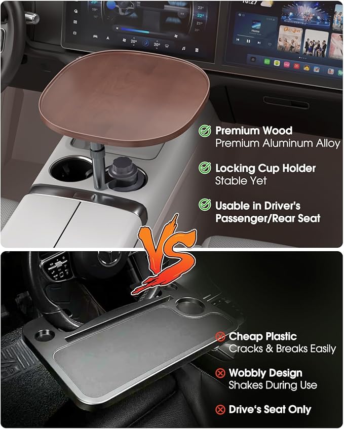 Car Tray Table & Car Laptop Desk with 360° Rotation & Phone Holder - Wooden Cup Holder Table, Car Laptop Mount & Food Tray Compatible with Tesla Model Y/3/S and Most Vehicles Walnut - Image 5