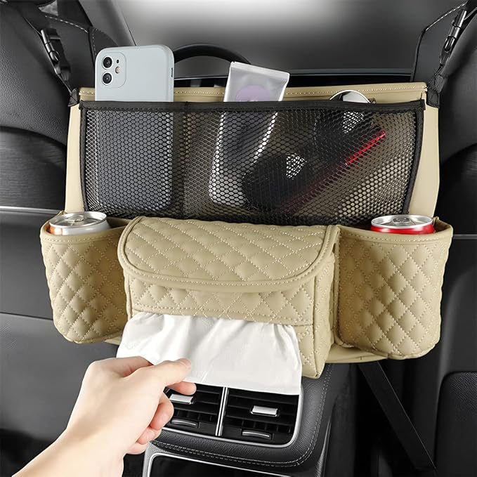 XINLIYA Car Handbag Holder Between Seats, PU Leather Multi-Pocket Large Capacity Purse Holder, Auto Net Bag Barrier of Backseat Pet Kids, Car Seat Organizers and Storage for Cargo Tissue Cup（Beige） - Image 6