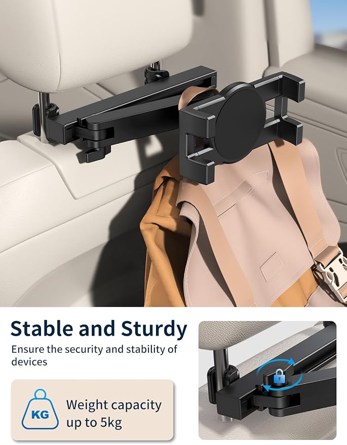 Tablet Holder for Car Headrest, ipad Car Holder Back Seat, Road Essentials | 3 in 1 Adjustable Extension Arm, 360 rotation, ipad Holder for Car for Kids, fits 4.7-12.9" iPad Pro, Air, Mini, Galaxy, Fire - Image 4