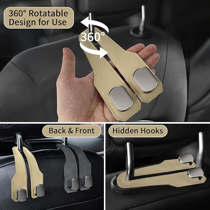 Car Purse Hook, Car Seat Headrest Hooks, Beige Leather 4 Pack | Car Purse Holder Hooks, Universal Car Hangers Seat Back Organizer Storage, Double Metal Hooks for Grocery Purses and Bags - Image 3