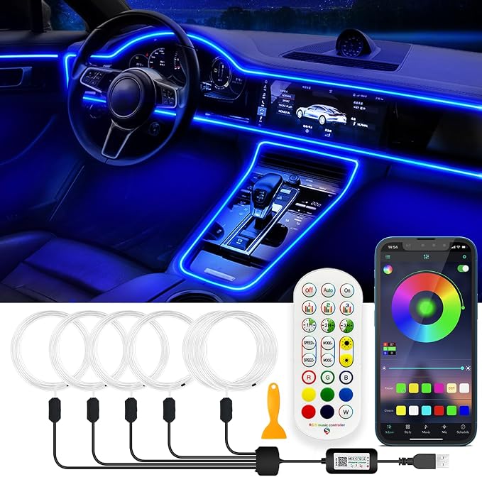 Jushope Interior Car LED Strip Lights, RGB USB Car Ambient Lighting with Wireless APP & Remote Control, Car Accessories Fiber Optifc Lights Sync to Music (5 LED/276 inches) by Jushope