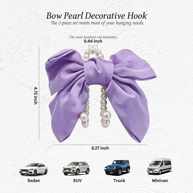 2PCS Satin Bow Pearl Car Seat Headrest Hooks – Car Bag Holder & Vehicle Hanger for Purses – Cute Coquette Aesthetic Interior Decoration – Cute Auto Organizer Accessories Universal (Lavender Purple) - Image 2