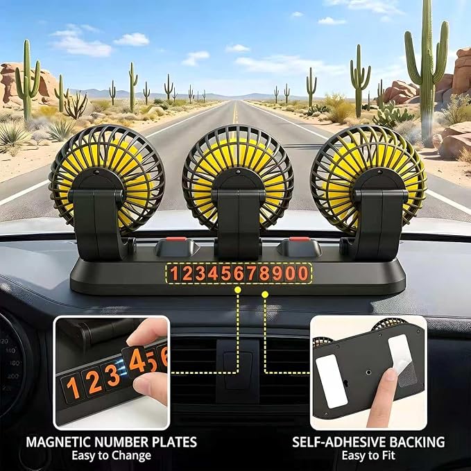 12V Car Cooling Fan with Cigarette Lighter Plug, 3-Head Portable Fan, 2-Speed Adjustable, 360° Rotating, Powerful Airflow for Vehicle Truck SUV RV Auto - Image 2