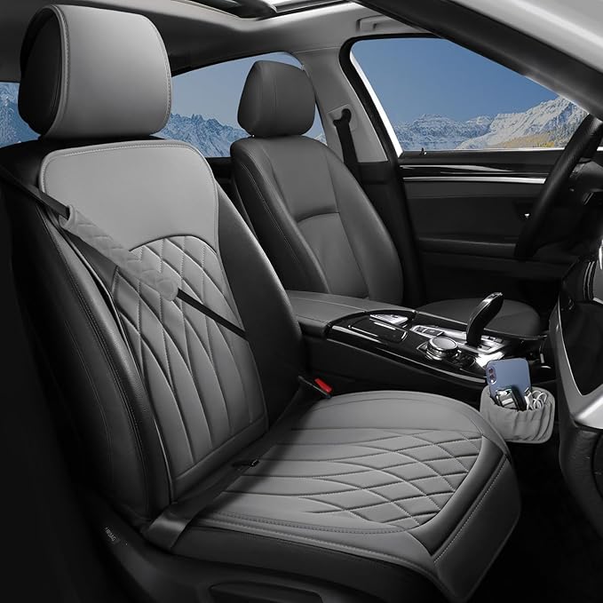 BEITK 1 Pack Waterproof Front Car Seat Cover for Car Truck SUV Grey | PU Leather, Scratch-resistant, Sideless Design, Universal Fit, with Storage Pocket and Seat Belt Pad, Easy to Install by BEITK