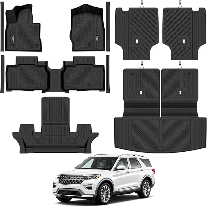 Floor Mats for Ford Explorer (6 Seats Captain Chairs) 2020-2026 | Trunk Mat with Backrest Mat & Door Sill Guard All Weather TPE Protector Odorless Full Set Interior Accessories Floor Liners by Bingoliner