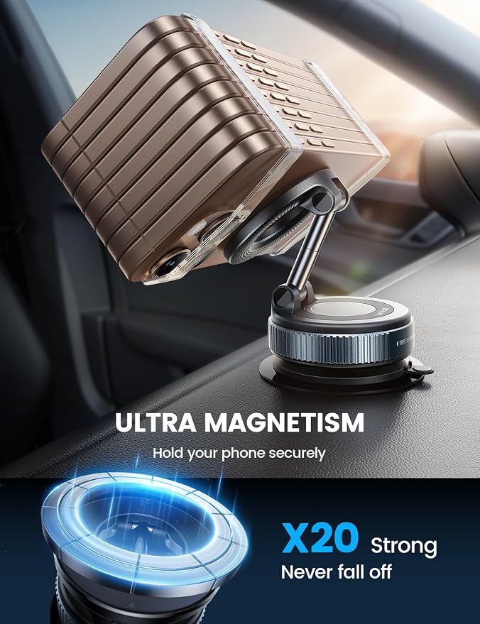 Lamicall for MagSafe Car Mount 70LBS Vacuum Suction Dashboard & Windshield | 20X Magnet Car Phone Holder 360° Foldable Magnetic Phone Holders for Your Car fit iPhone 17 16 15 14 Pro Max Gift Truck Black - Image 5