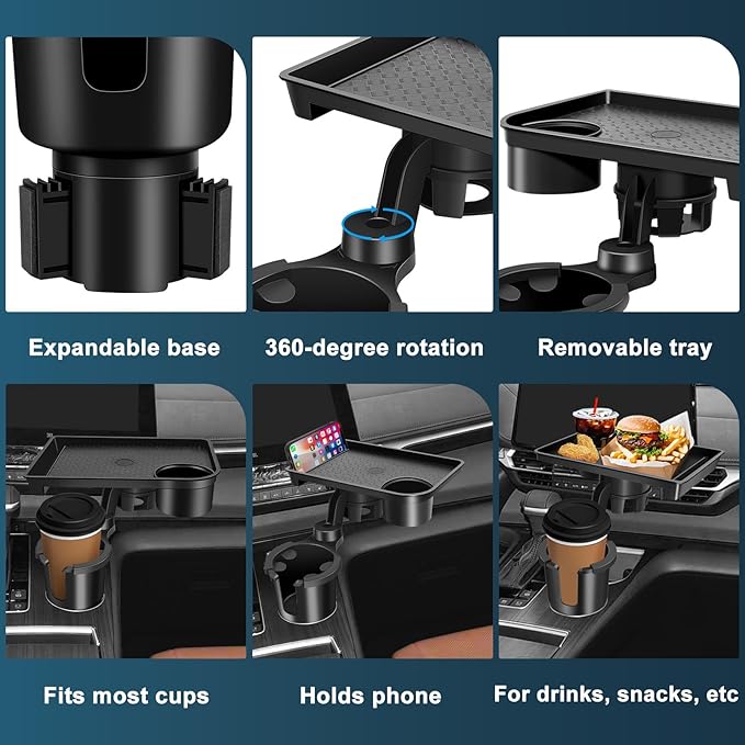 JPart Car Cup Holder Tray, Cup Holder Expander, 2 in 1 Detachable Car Food Tray with 360°Rotation Tray for Eating, Storage and Travel Road Essentials, Black - Image 5
