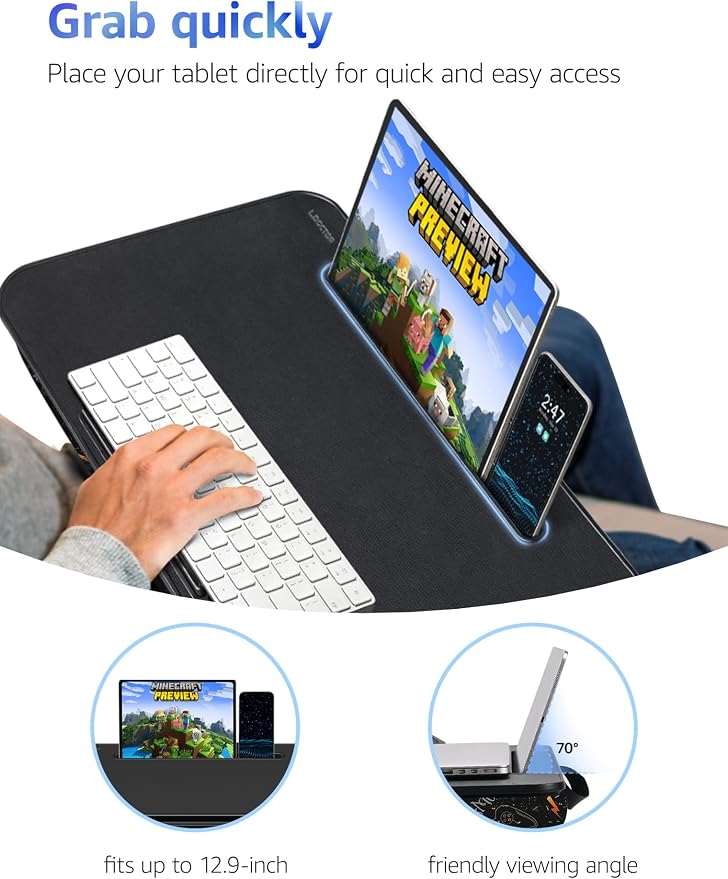 L.DOCTOR Cushioned Lap Desk, Large, Joysticks | Portable Laptop Desk for Bed, Couch & Floor, Washable Cushion, Built-in Phone & Tablet Slot, Fits 17.3" Laptop - Image 4