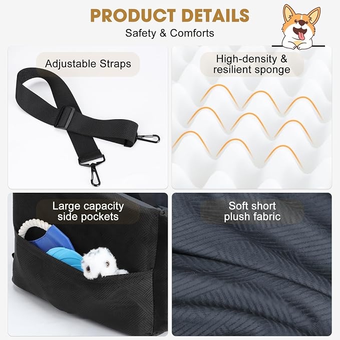 JOEJOY Dog Car Seats for Small Medium Dogs Under 35lbs, Dog Booster Seat with Detachable Washable Cover and Cushion, Memory Foam Pet Car Seat with Safety Belt and Storage Pockets (DG) - Image 7