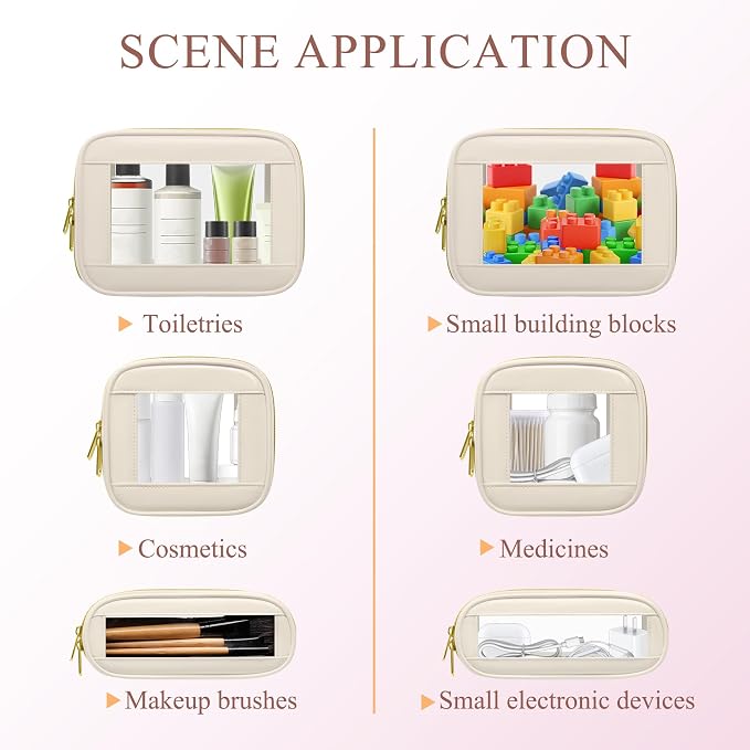3-Piece Travel Clear Makeup Bag Set, Small Cosmetic Bag with Makeup Brush Case, Leather Waterproof TSA Approved Toiletry Bag with Zipper, Car Organization for Women (Beige-2, Mini+Slim+Medium) - Image 4