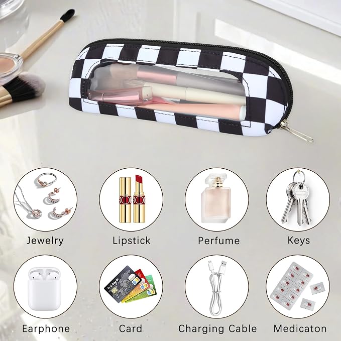 DOB SECHS Small Clear Makeup Bag for Purse Mini Checkered Brush Pouch for Travel Nylon Travel Cosmetic Organizer Pouches Holder Pencil Bag with Zipper Double Sided Clear Make-up Bags - Image 7